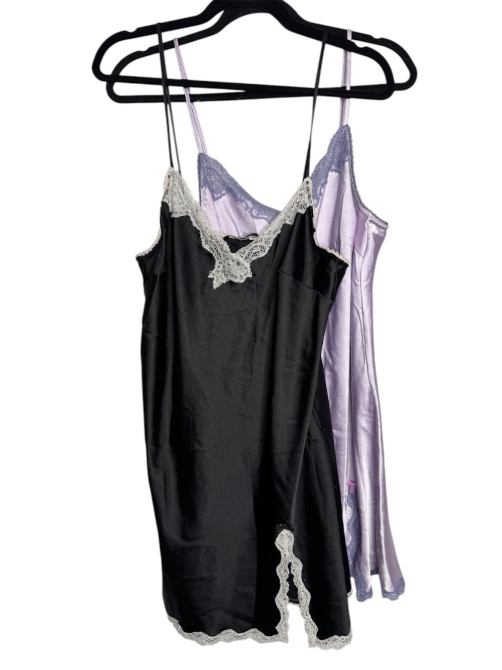Pair of‎ 2 Victoria Secret Black & Lavender Satin Slip Dress Lingerie Lace Trim